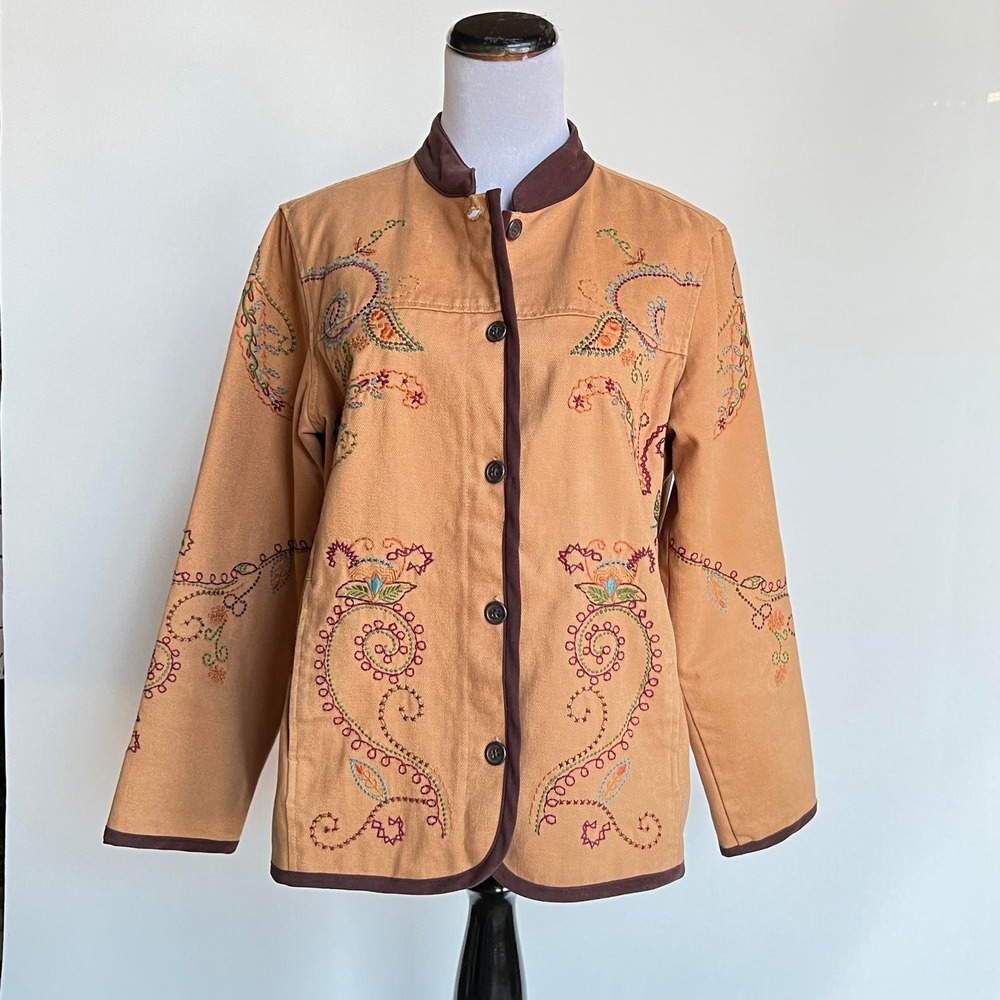 DENIM &‎ CO Womens Tan Embroidered Paisley Button Jacket Small Southwestern Boho